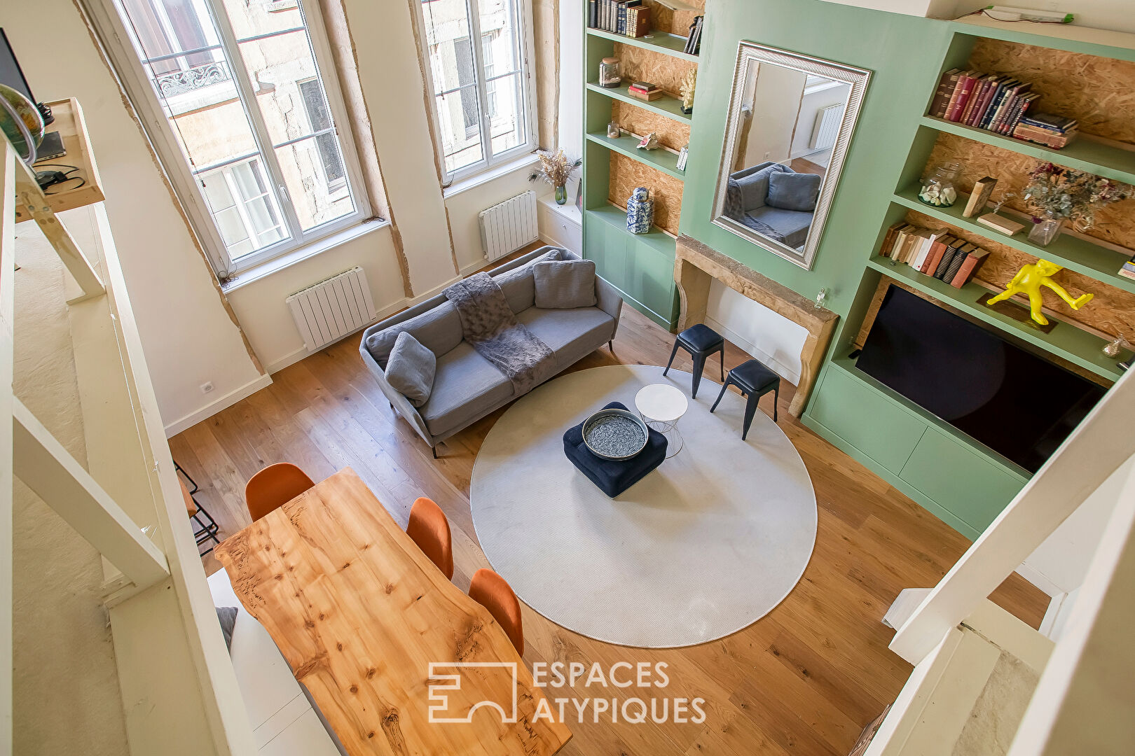 Renovated apartment with preserved old-world charm.