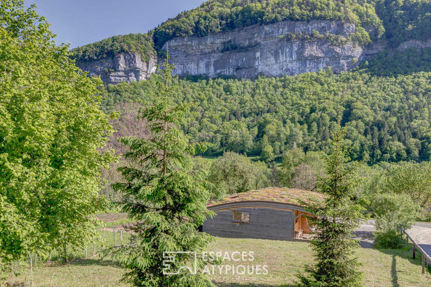 Maison en bois au toit végétal