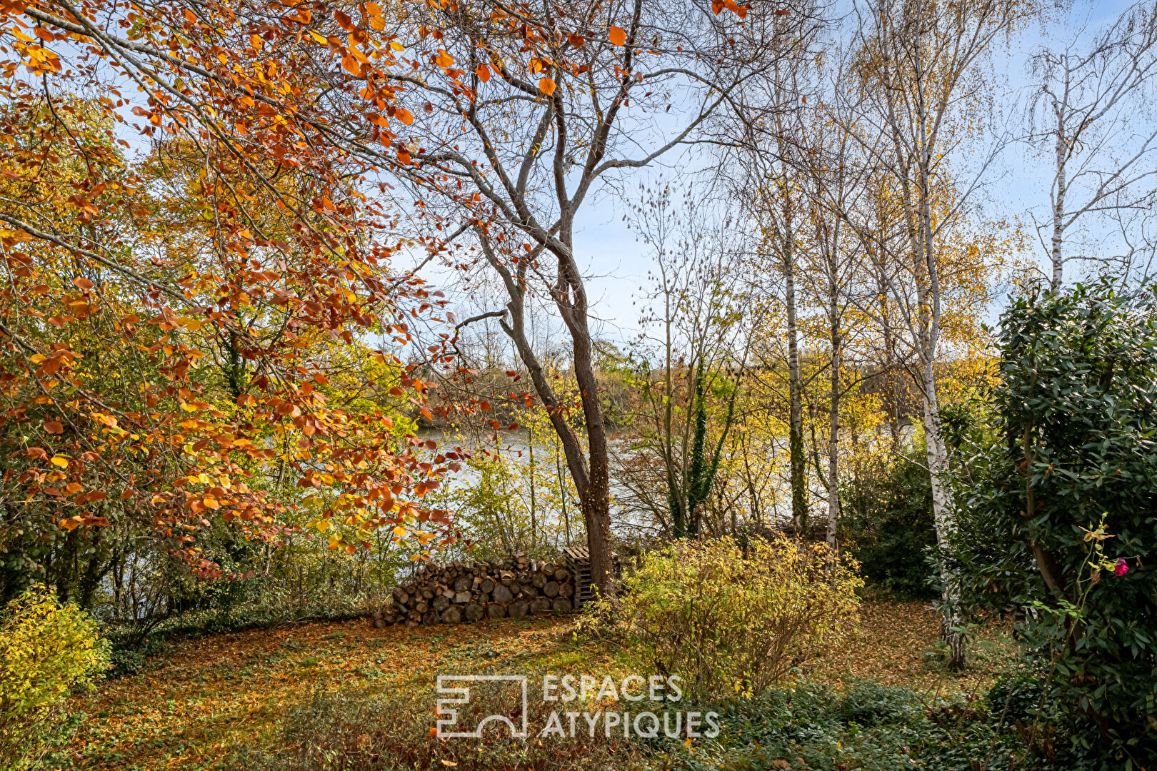 House with contemporary extension on an island and its wooded garden