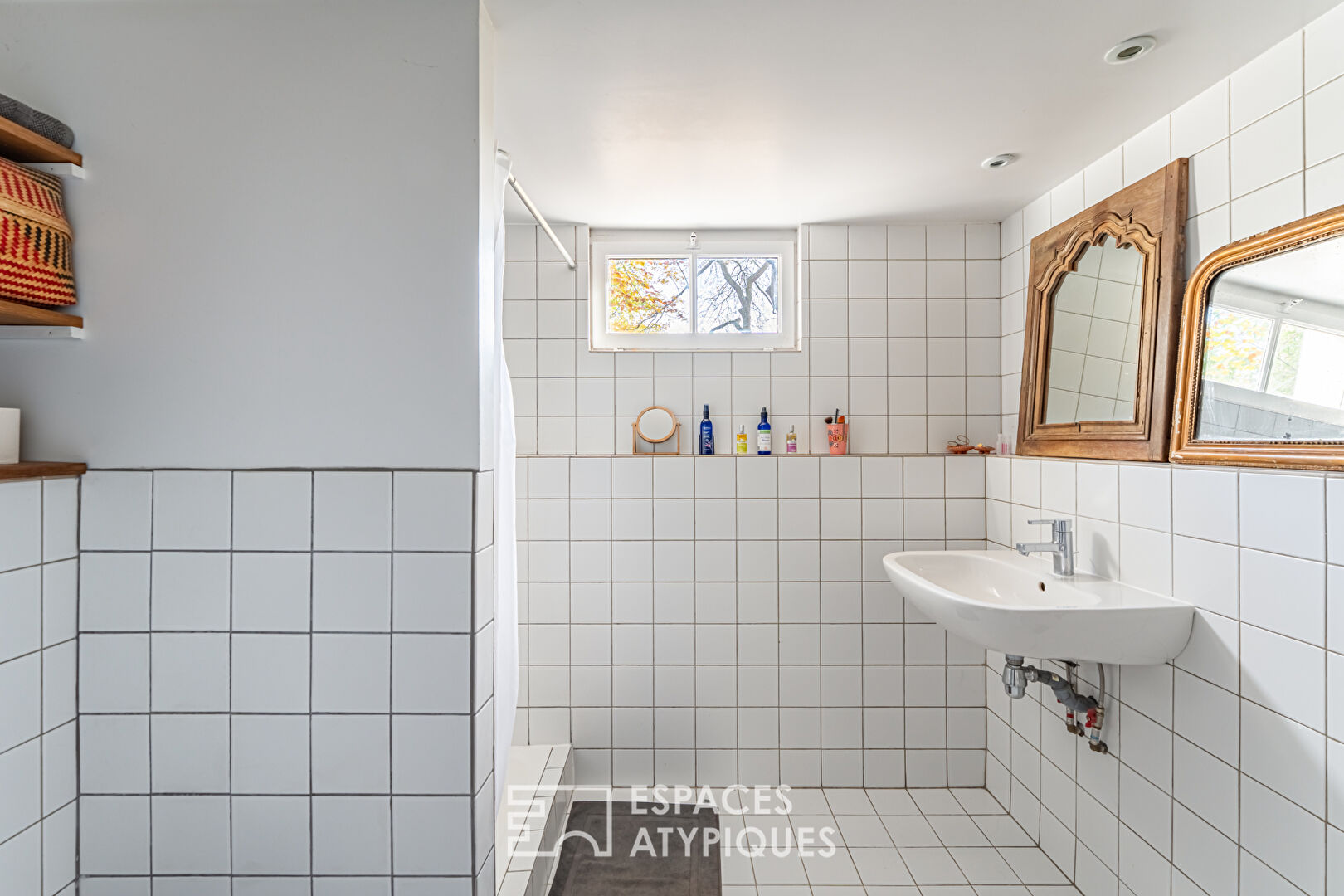 House with contemporary extension on an island and its wooded garden