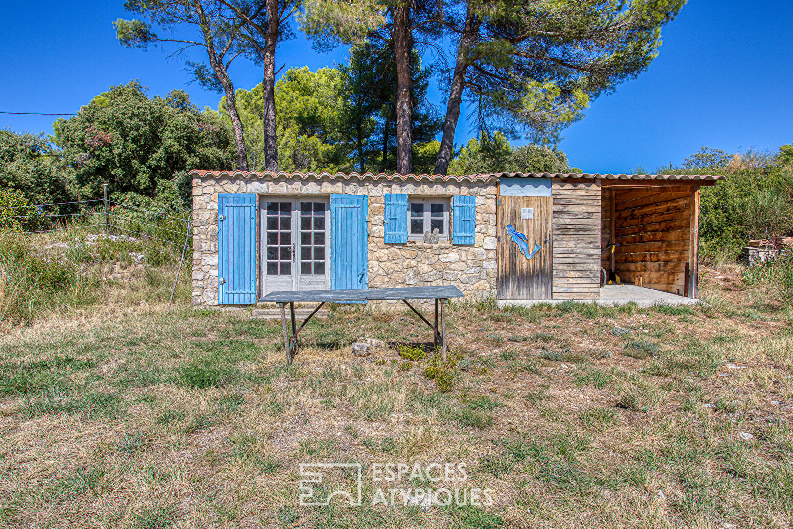 Two stone houses in an olive grove