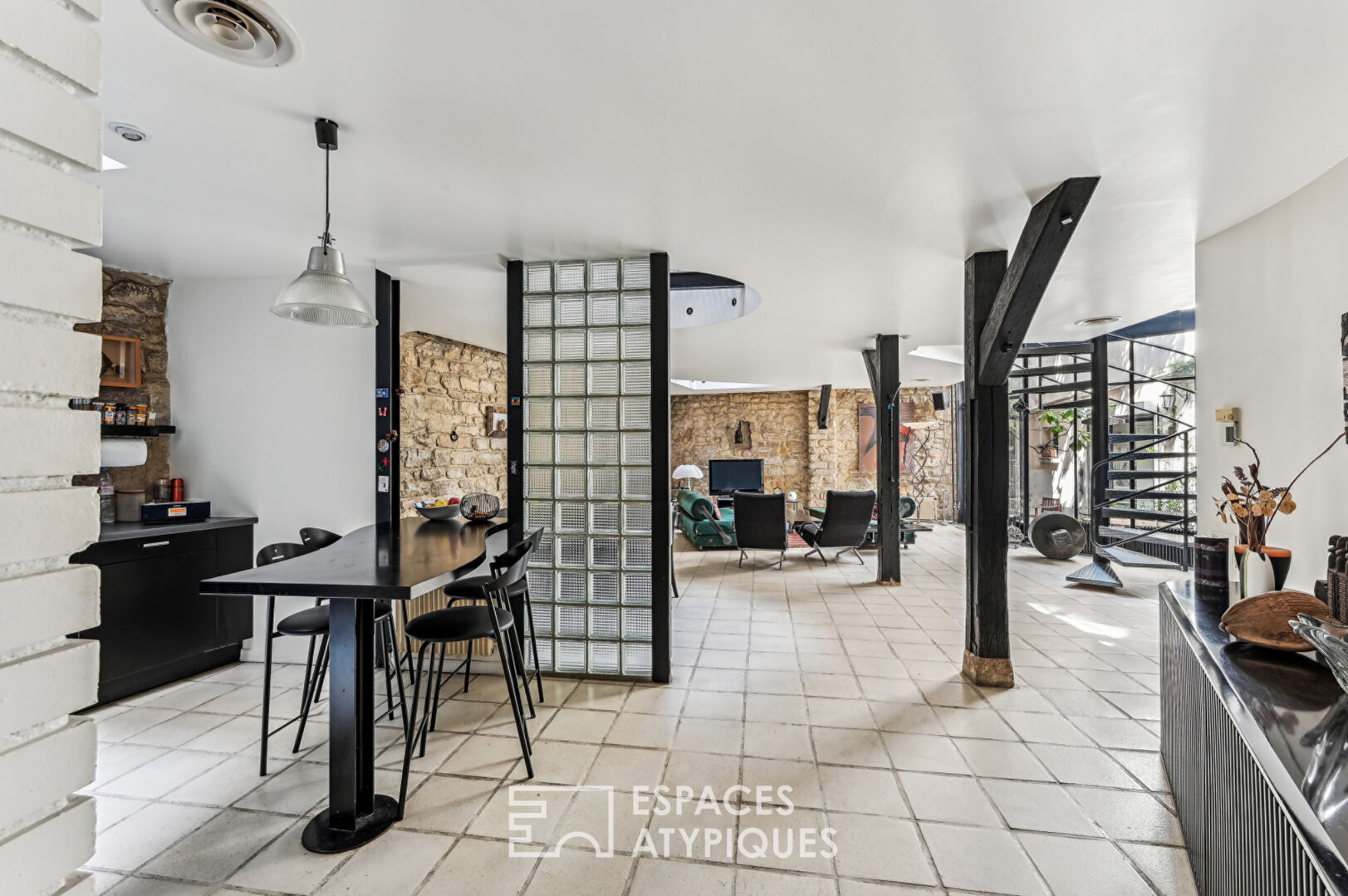 Loft with a glass roof, reminiscent of an artist’s studio, overlooking a courtyard and terrace near the Jardin des Plantes