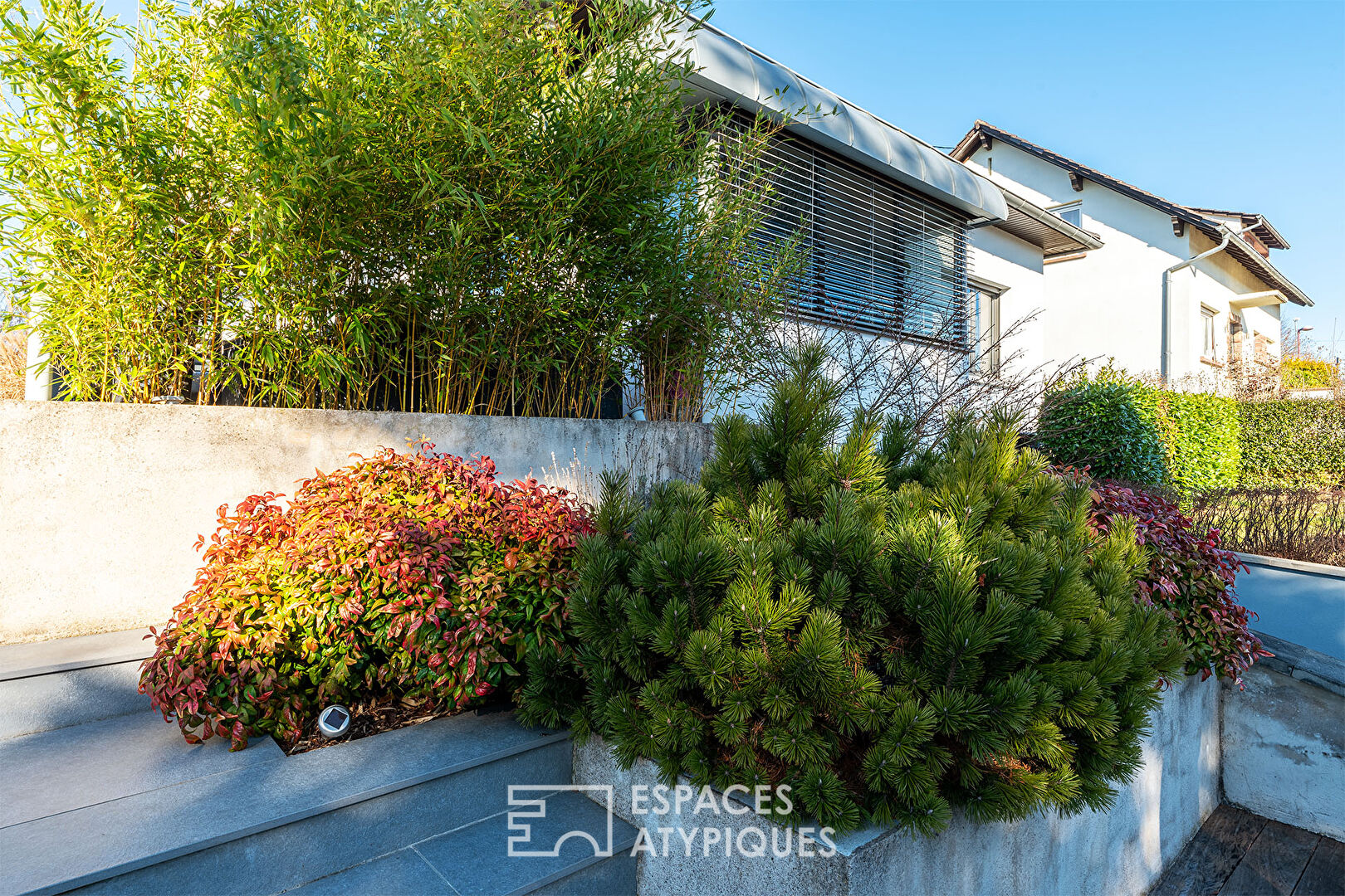 Renovated house from the 70’s and its garden with trees