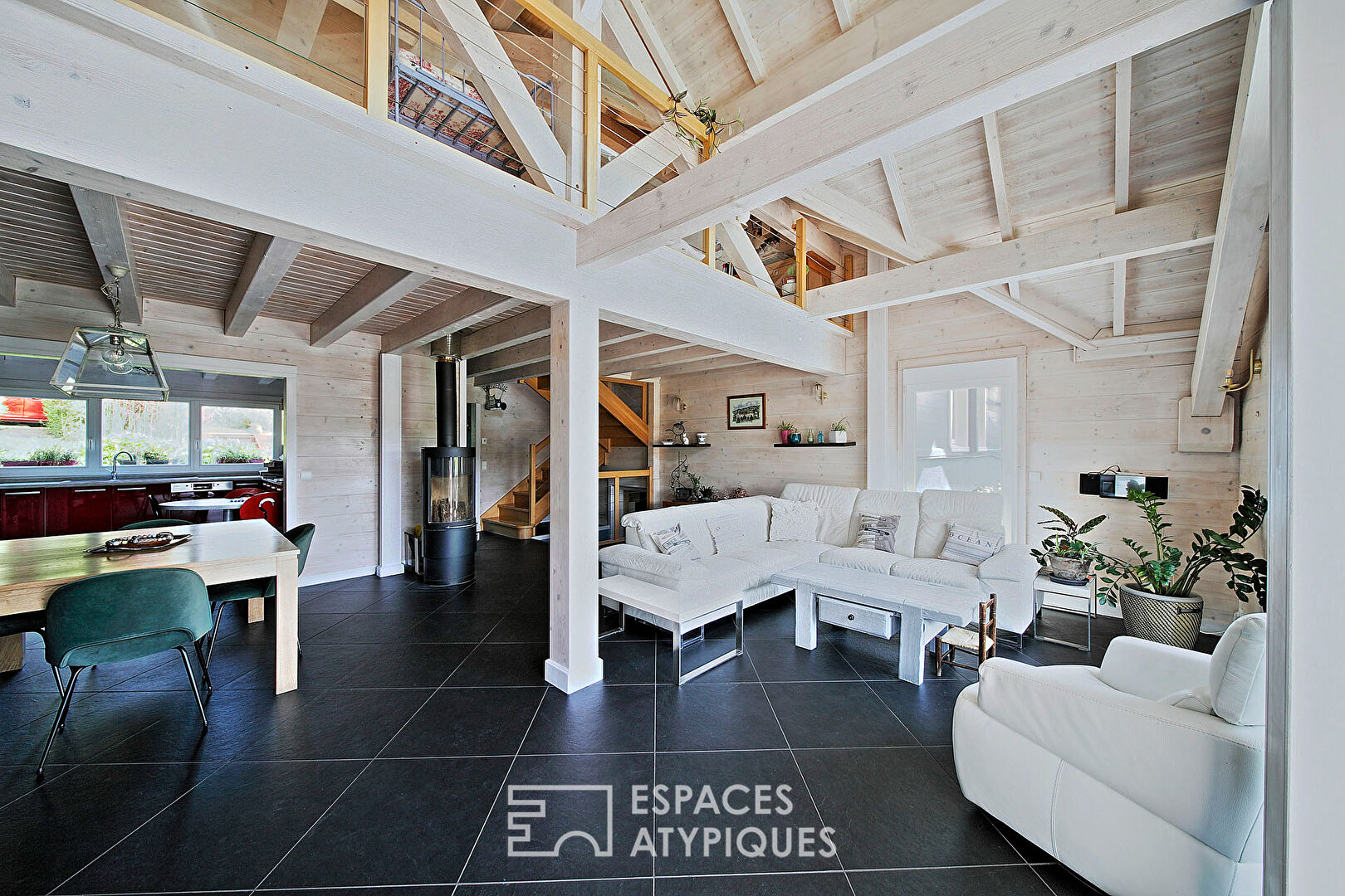 Wooden family house with swimming pool and garden