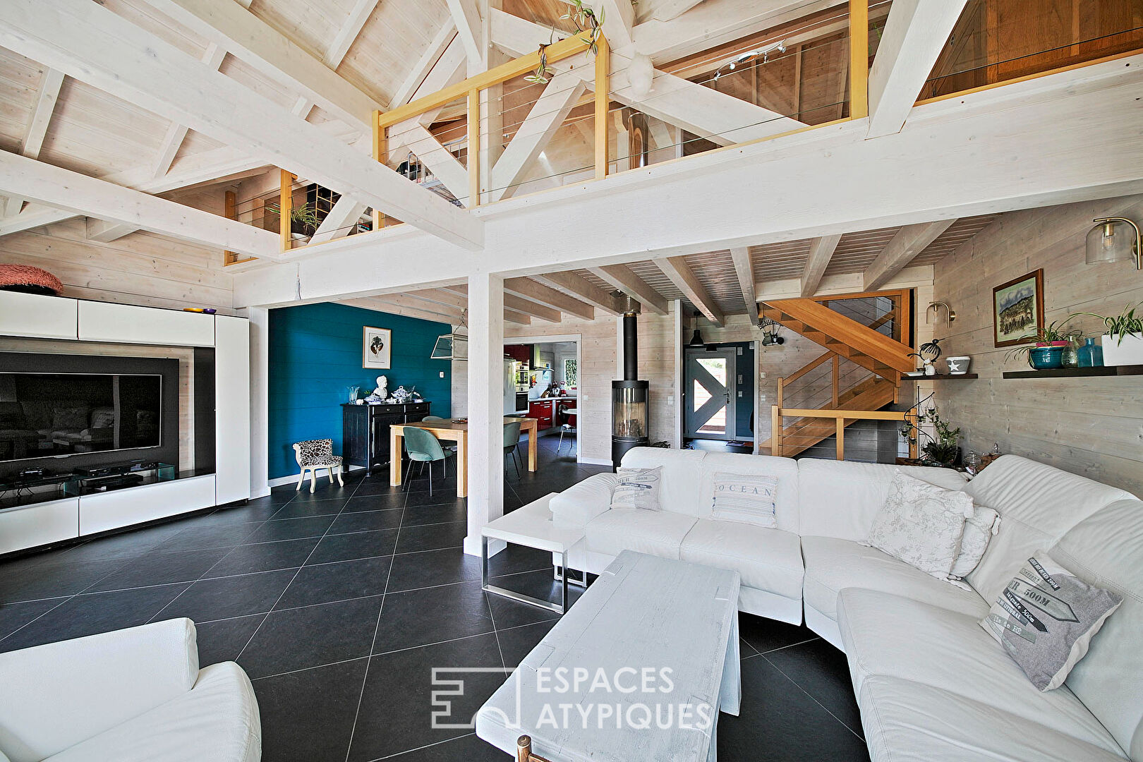 Wooden family house with swimming pool and garden