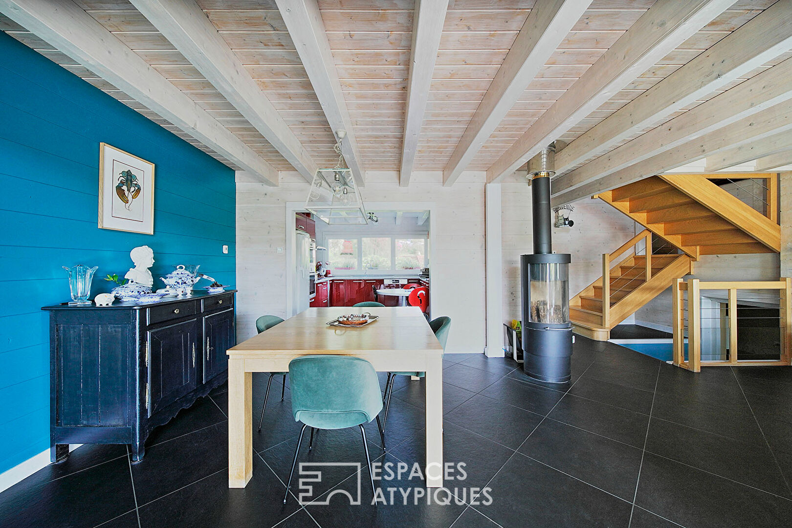 Wooden family house with swimming pool and garden