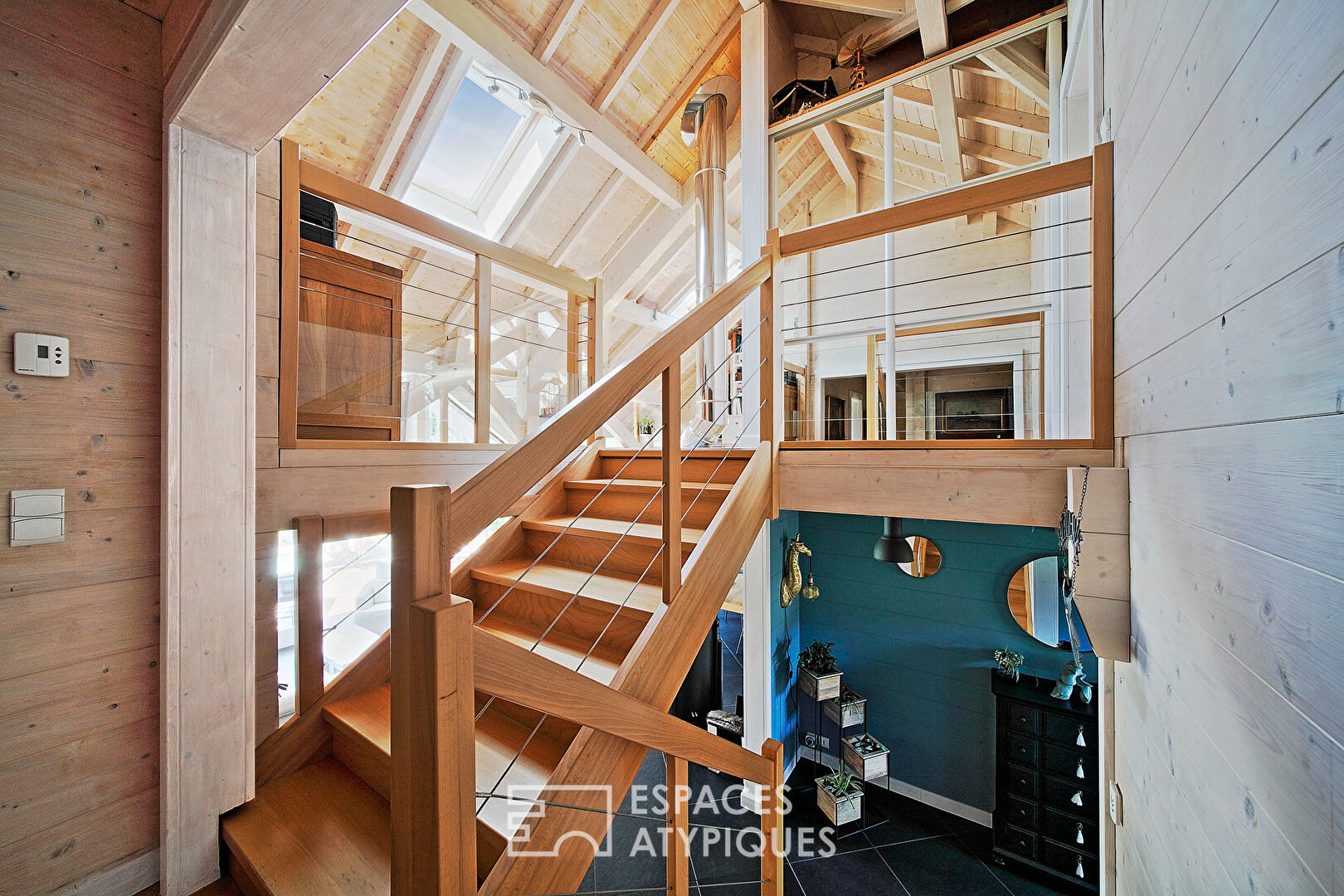 Wooden family house with swimming pool and garden