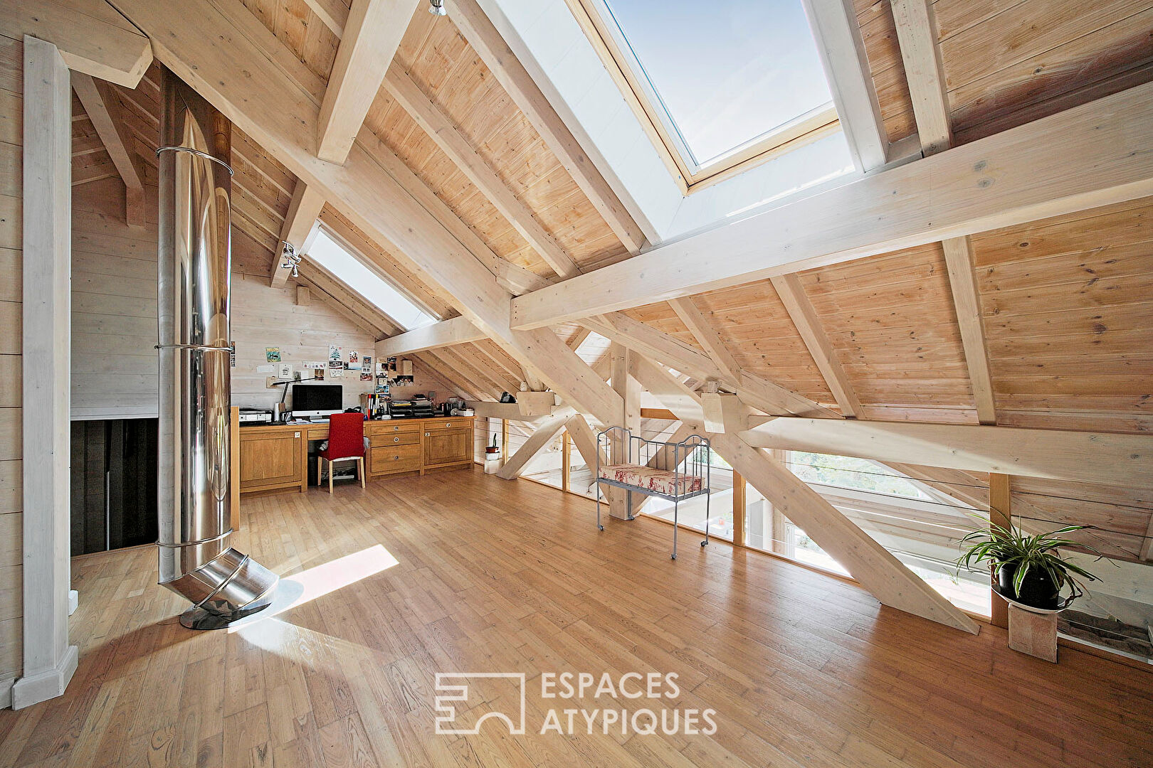 Wooden family house with swimming pool and garden