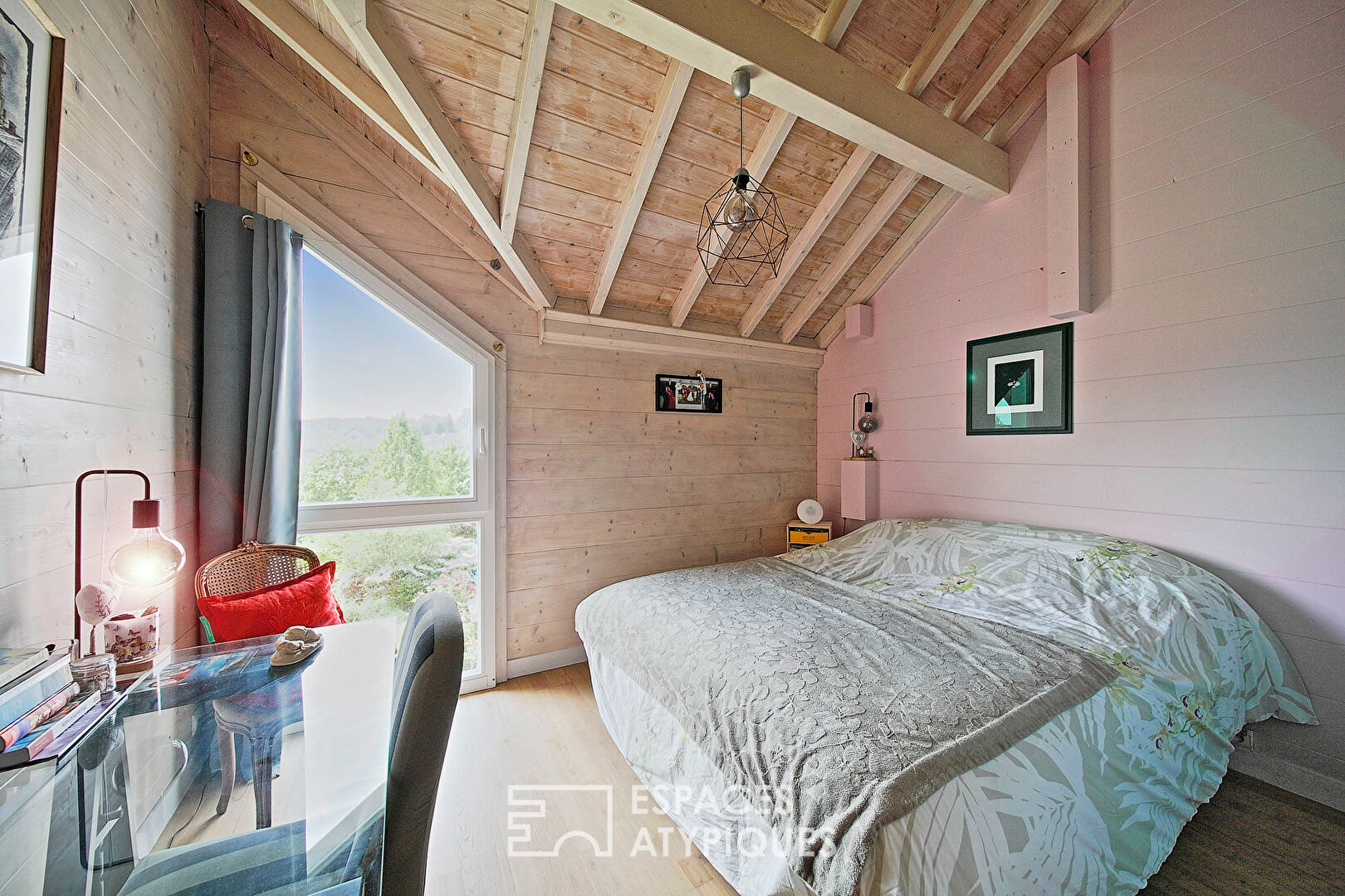 Wooden family house with swimming pool and garden