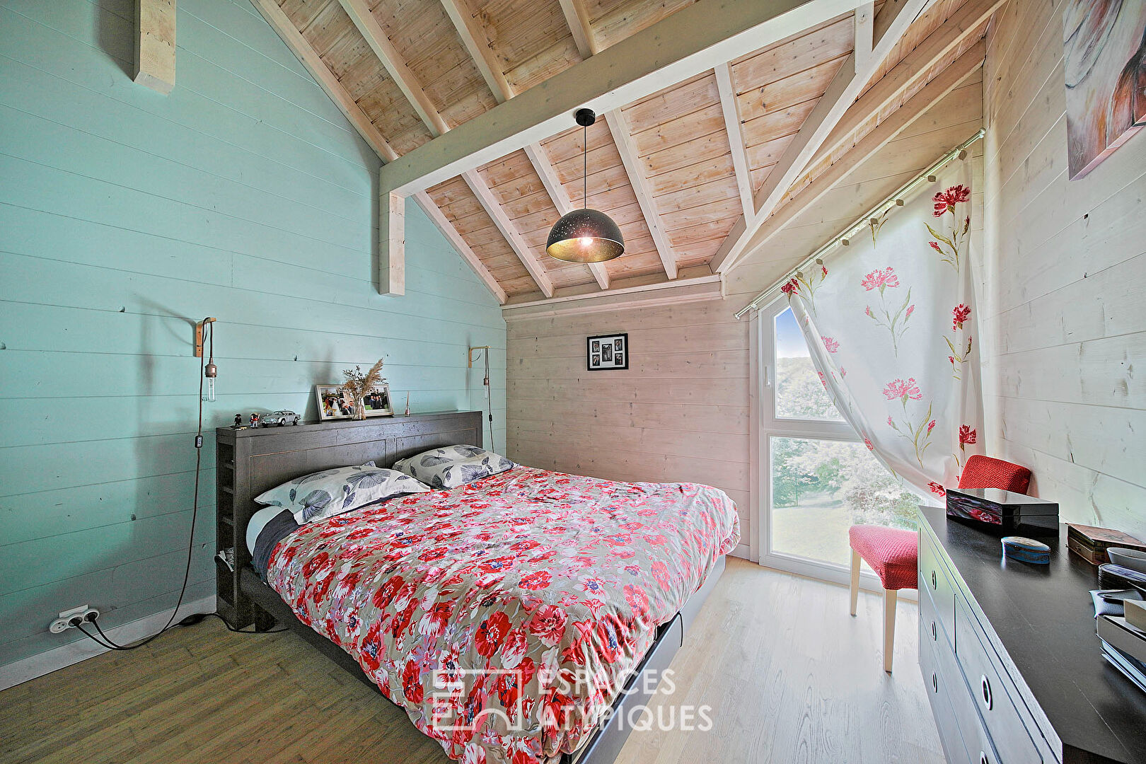 Wooden family house with swimming pool and garden