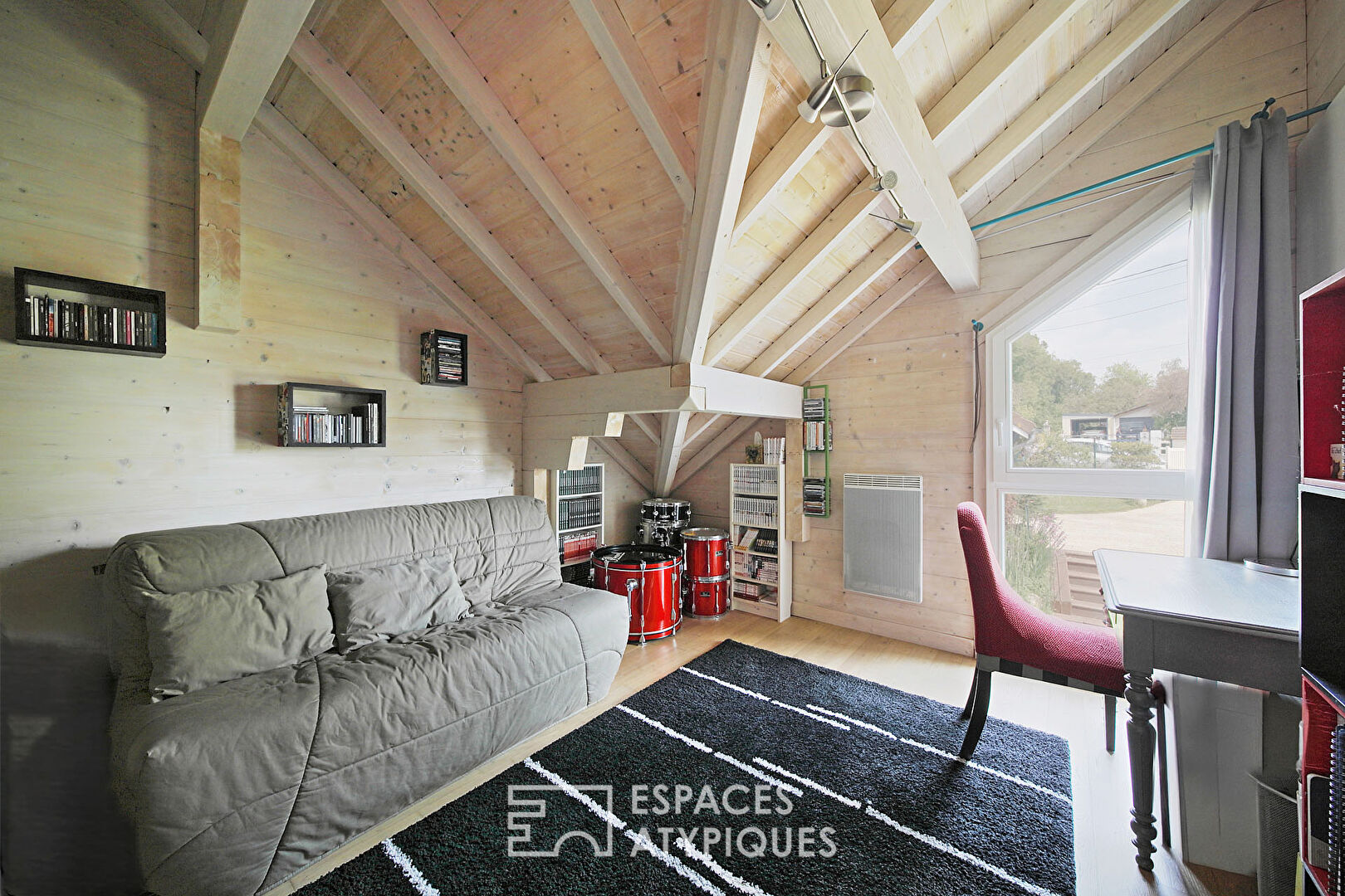Wooden family house with swimming pool and garden