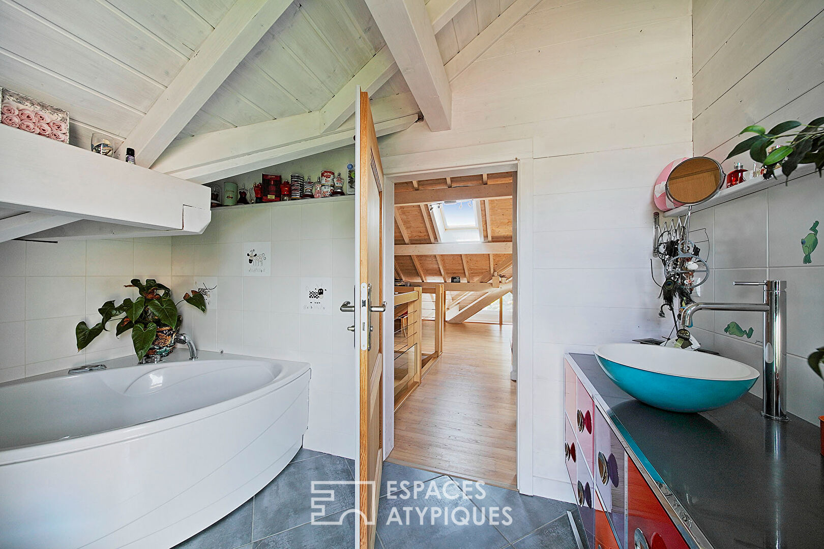 Wooden family house with swimming pool and garden