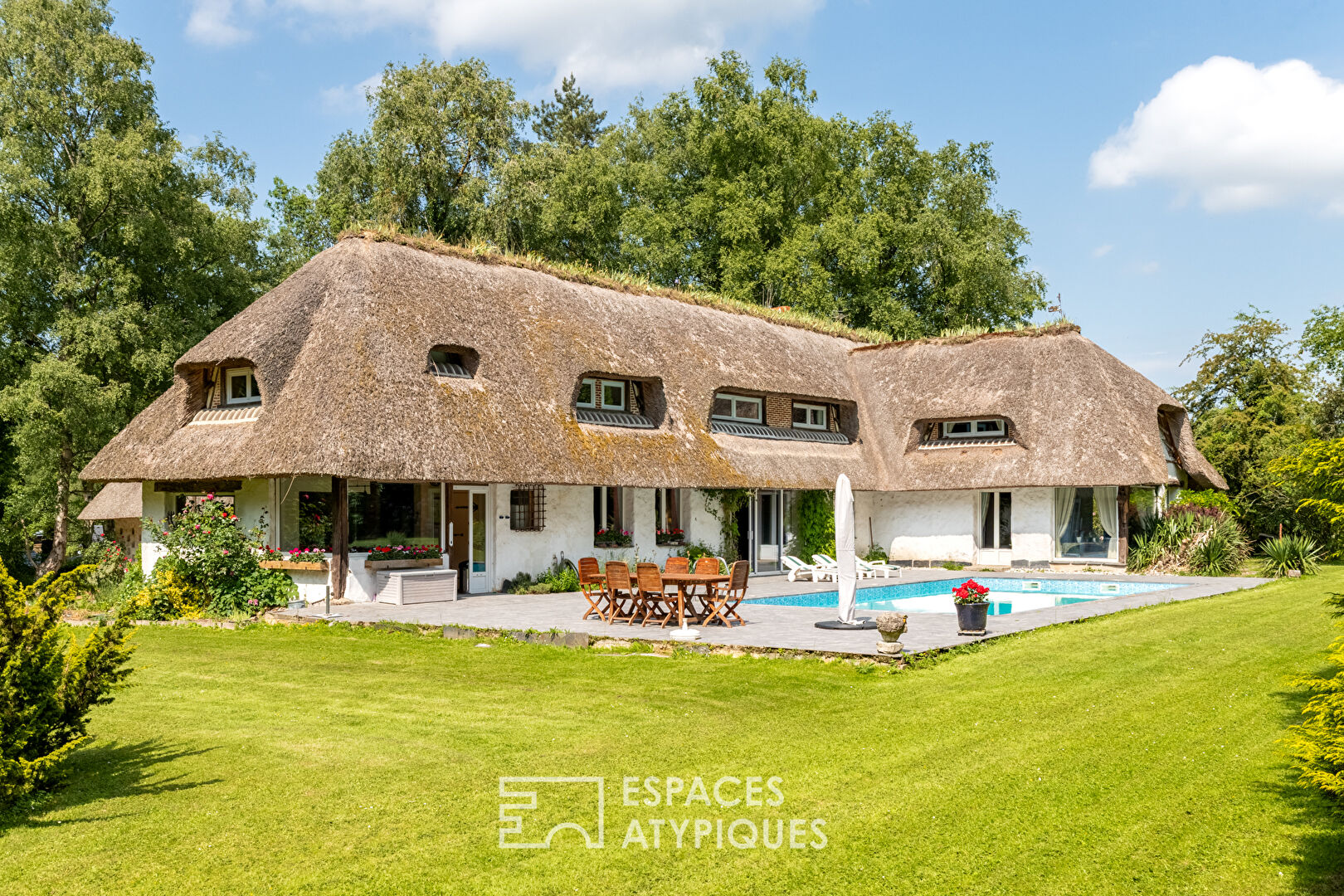 Thatched cottage with swimming pool in a green setting