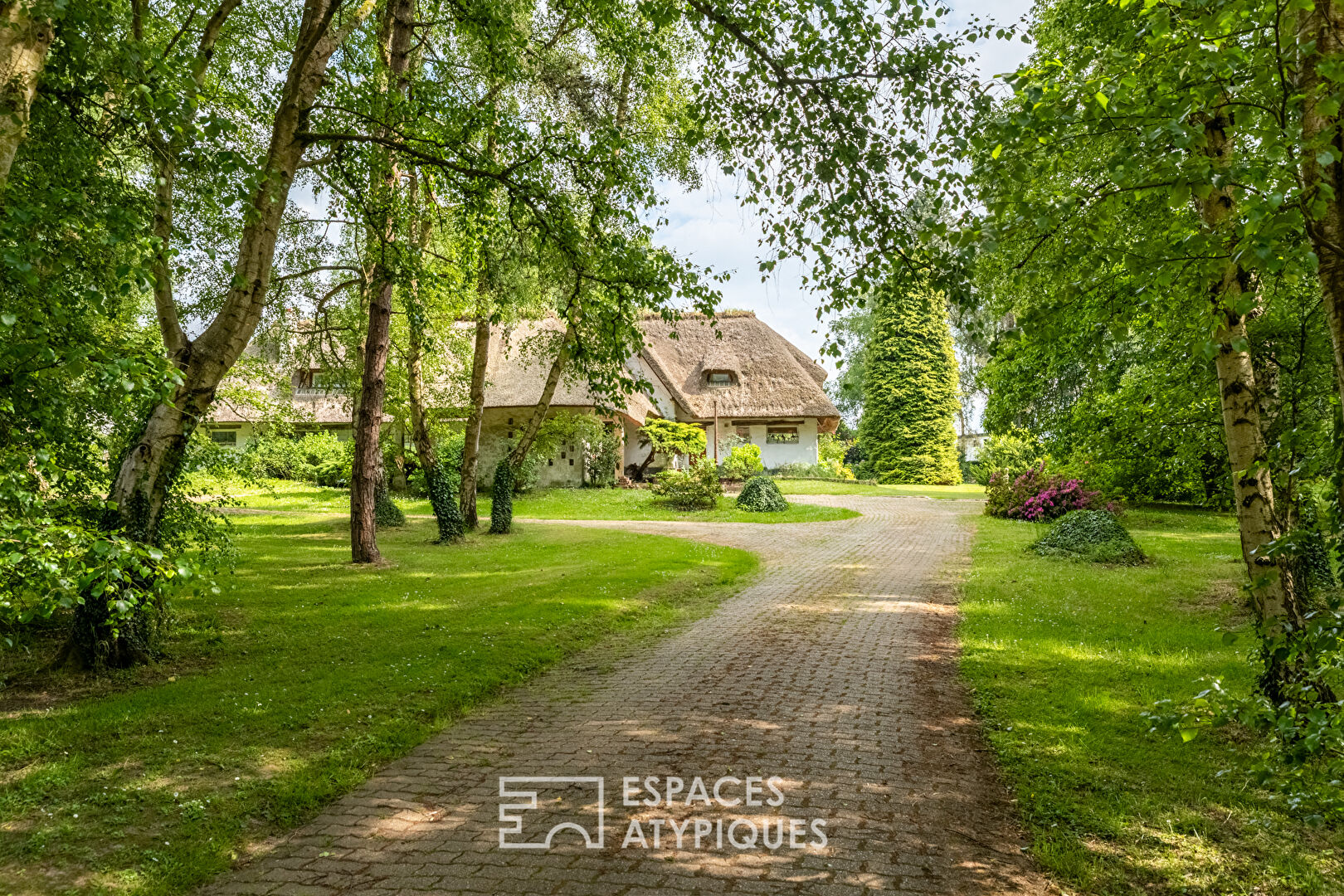 Thatched cottage with swimming pool in a green setting