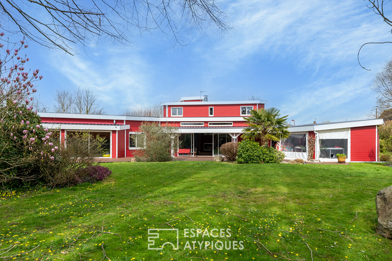 Architect house with swimming pool on landscaped grounds