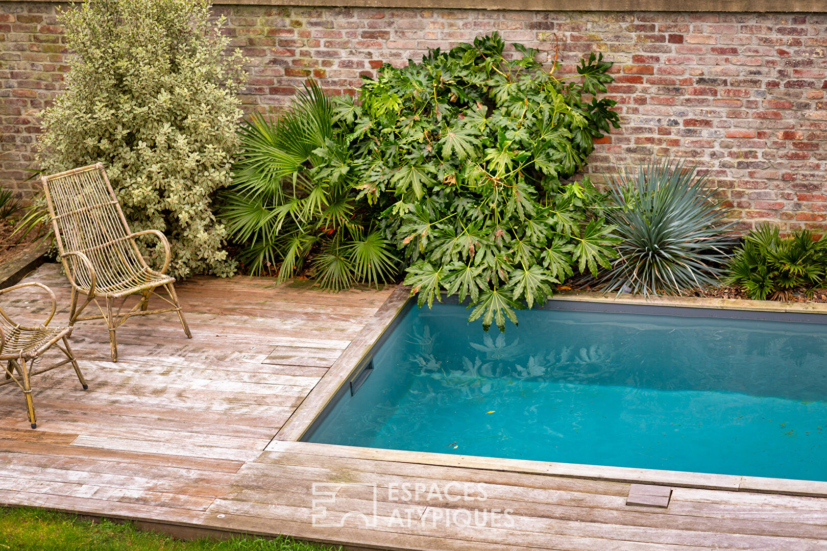 Black brick style house with swimming pool