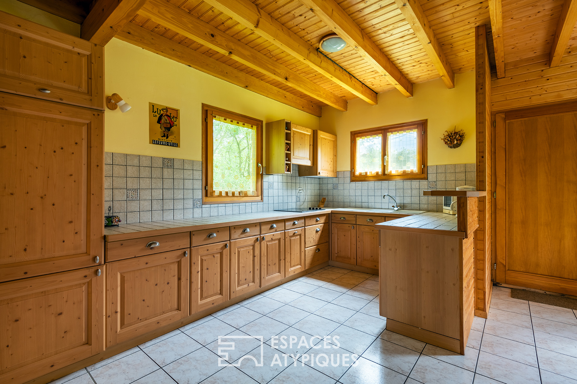 Chalet en bois et son étang en pleine nature