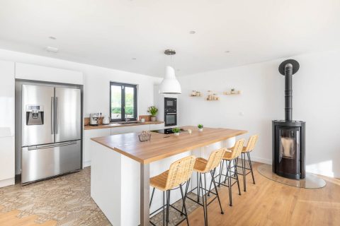 Old renovated barn with view of the Beaujolais mountains