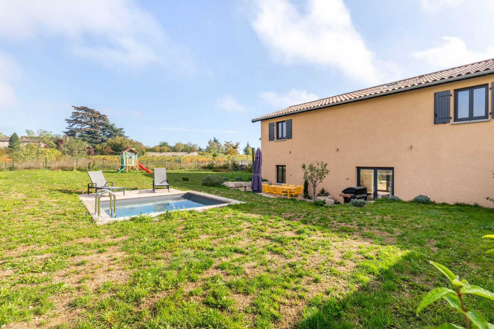 Old renovated barn with view of the Beaujolais mountains