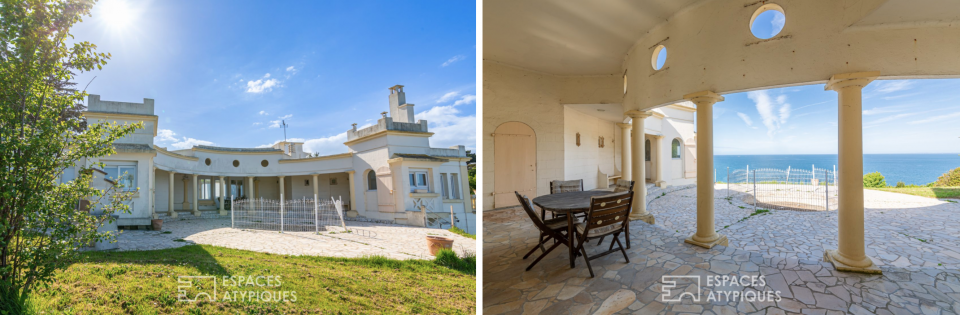 Villa romaine en U avec vue sur la mer, vue de l'extérieur sur murs blancs et sous le patio qui fait face au flots