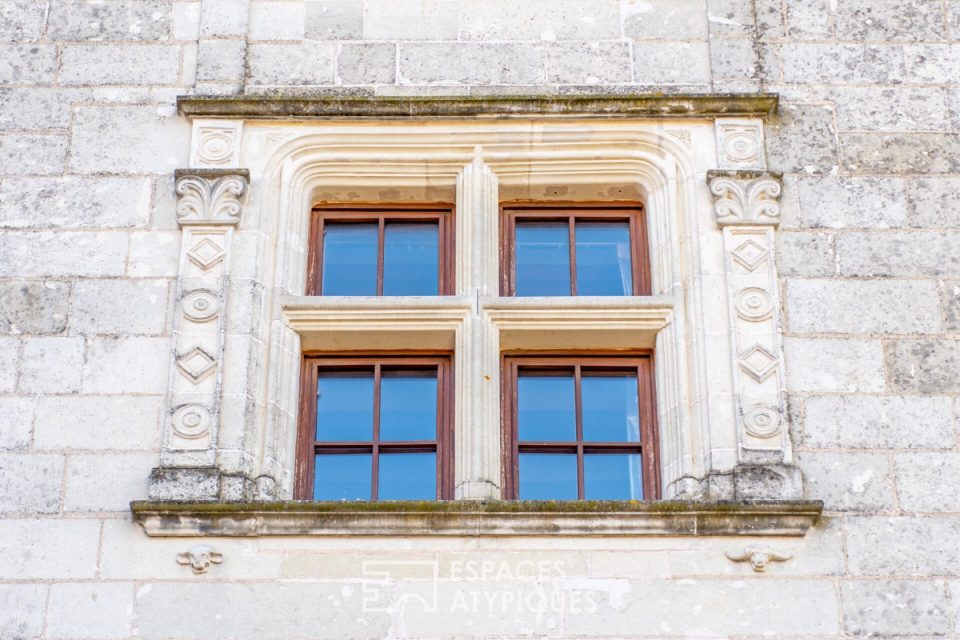 porte de chateau demeure à revisiter vue exterieure focus sur fenetre d'époque en pierre de taille