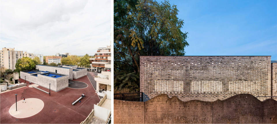 À droite, la façade en brique claires effet moucharabieh de l'école de musique d’Élancourt, visible derrière un mur. À gauche, l'école vue du ciel avec focus sur le toit de bleue faisant référence à la fameuse "blue note" en jazz.