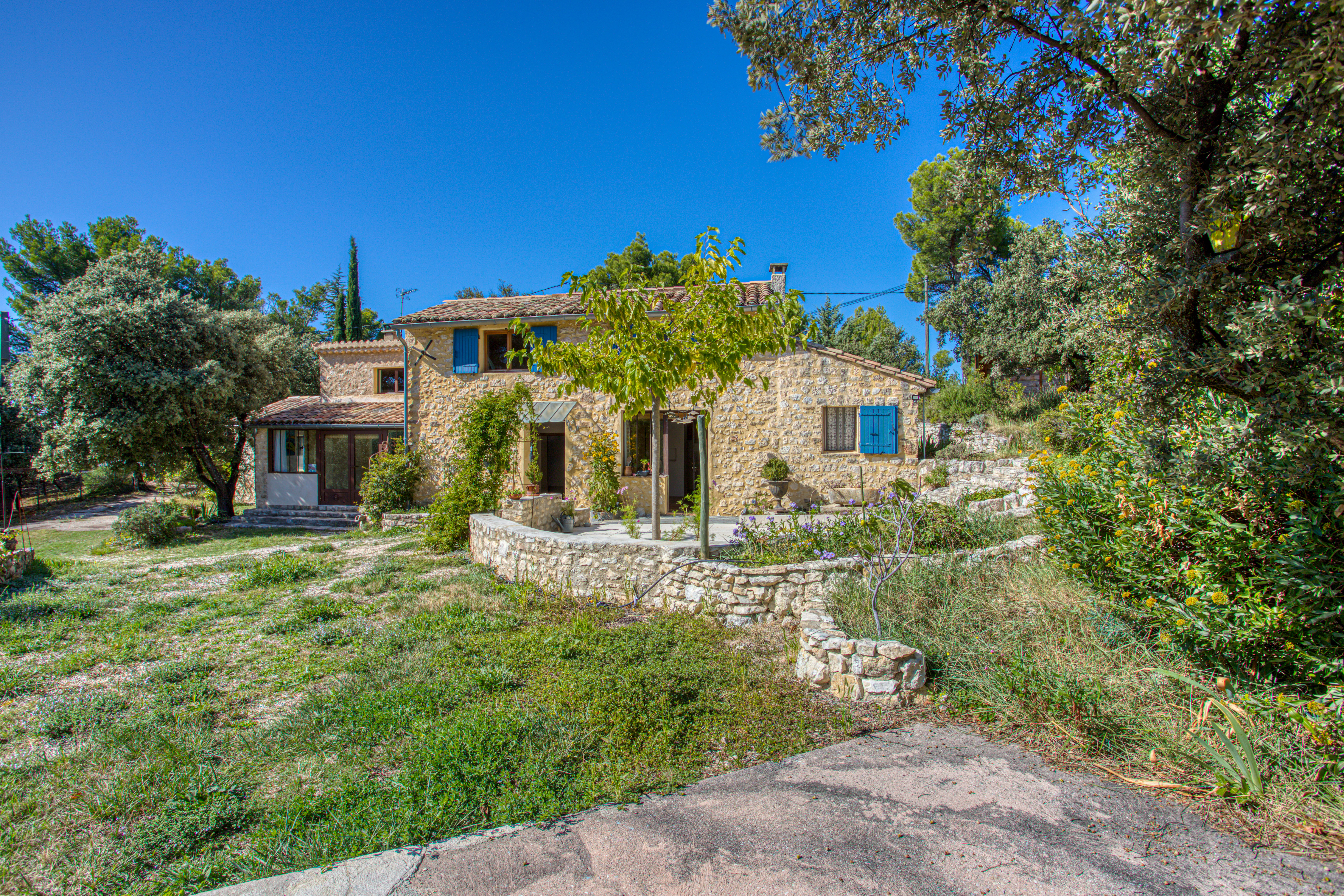 Two stone houses in an olive grove