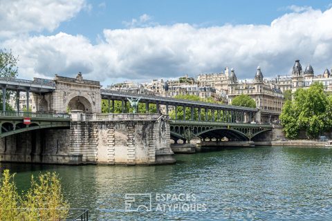 Péniche vue Tour Eiffel, sur les quais de seine au pont de Bir Hakeim