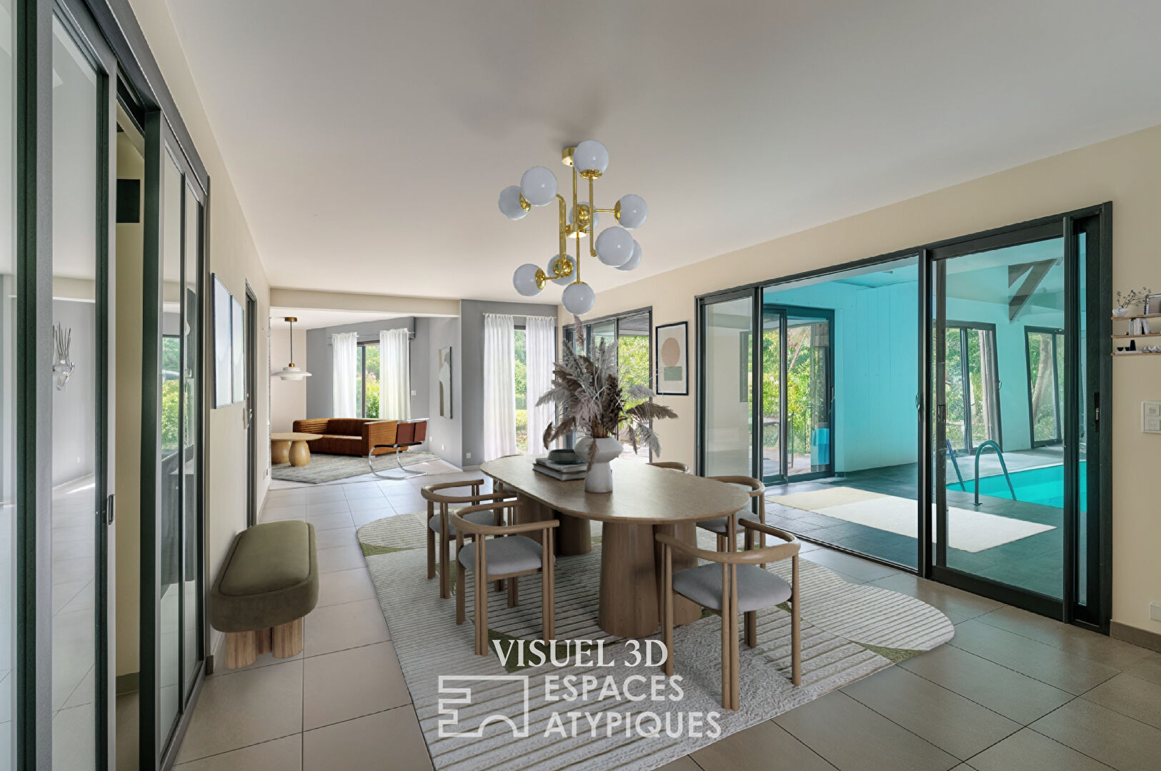 Villa contemporaine avec piscine intérieure dans un écrin de verdure.