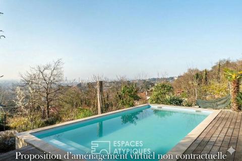 Timber frame house with view and swimming pool