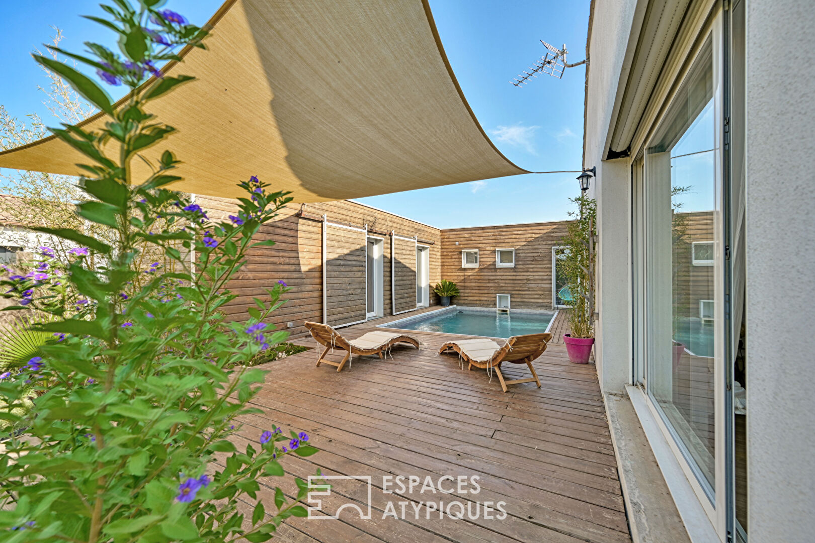 Contemporary house and its wooden extension