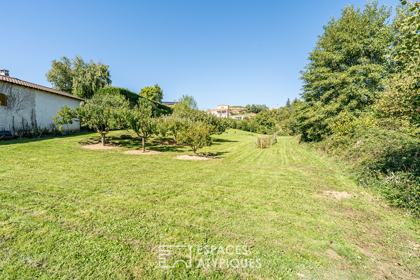 Maison avec jardin arboré et vue sur les vignobles du Beaujolais vert