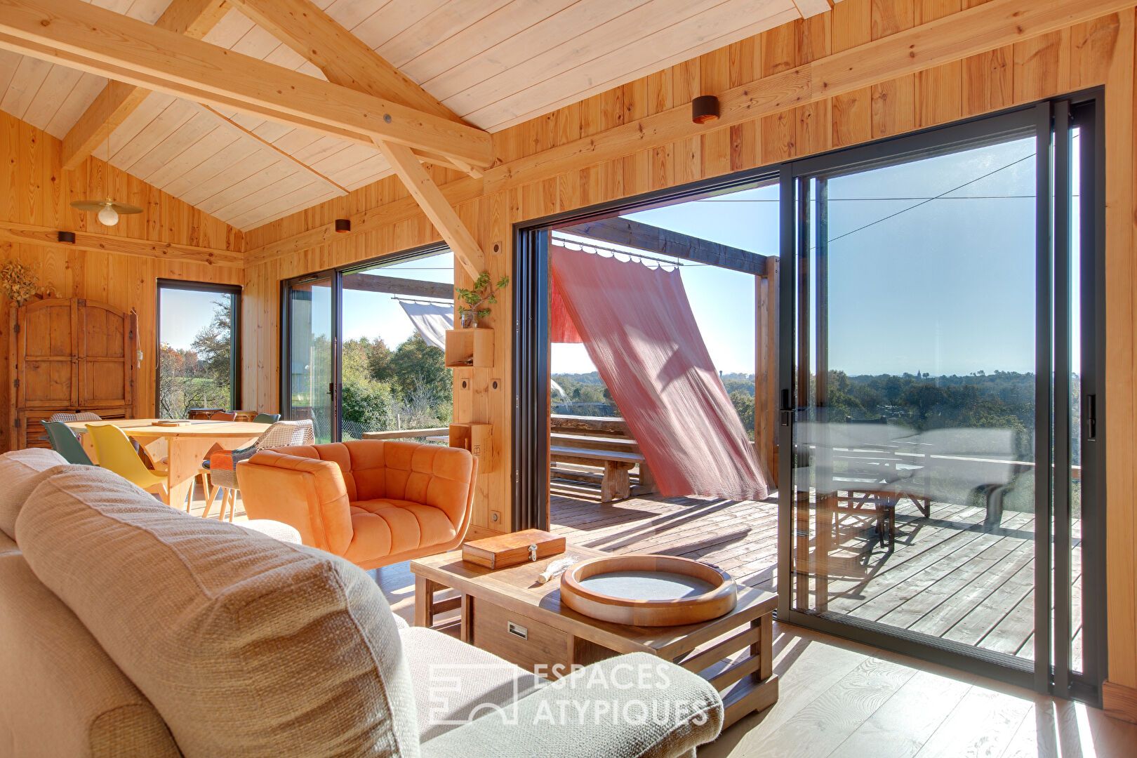 Wooden country house overlooking the Pyrenees mountain range