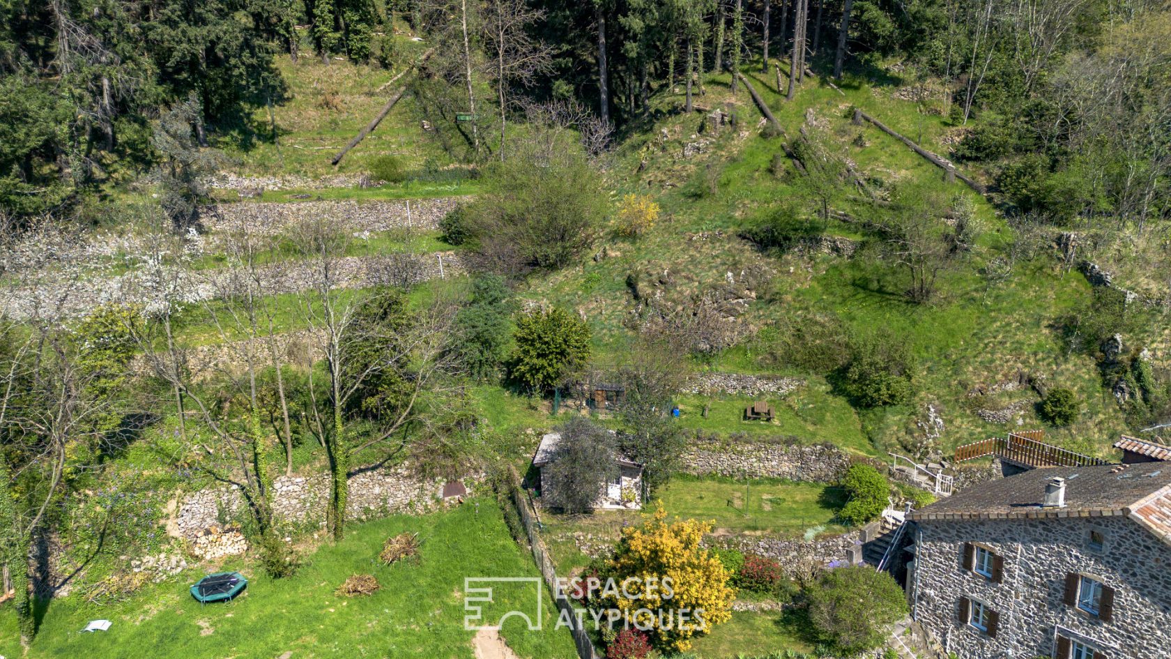 Maison en pierre avec vue, verger de fruitiers,  et gîte à Antraigues-sur-Volane