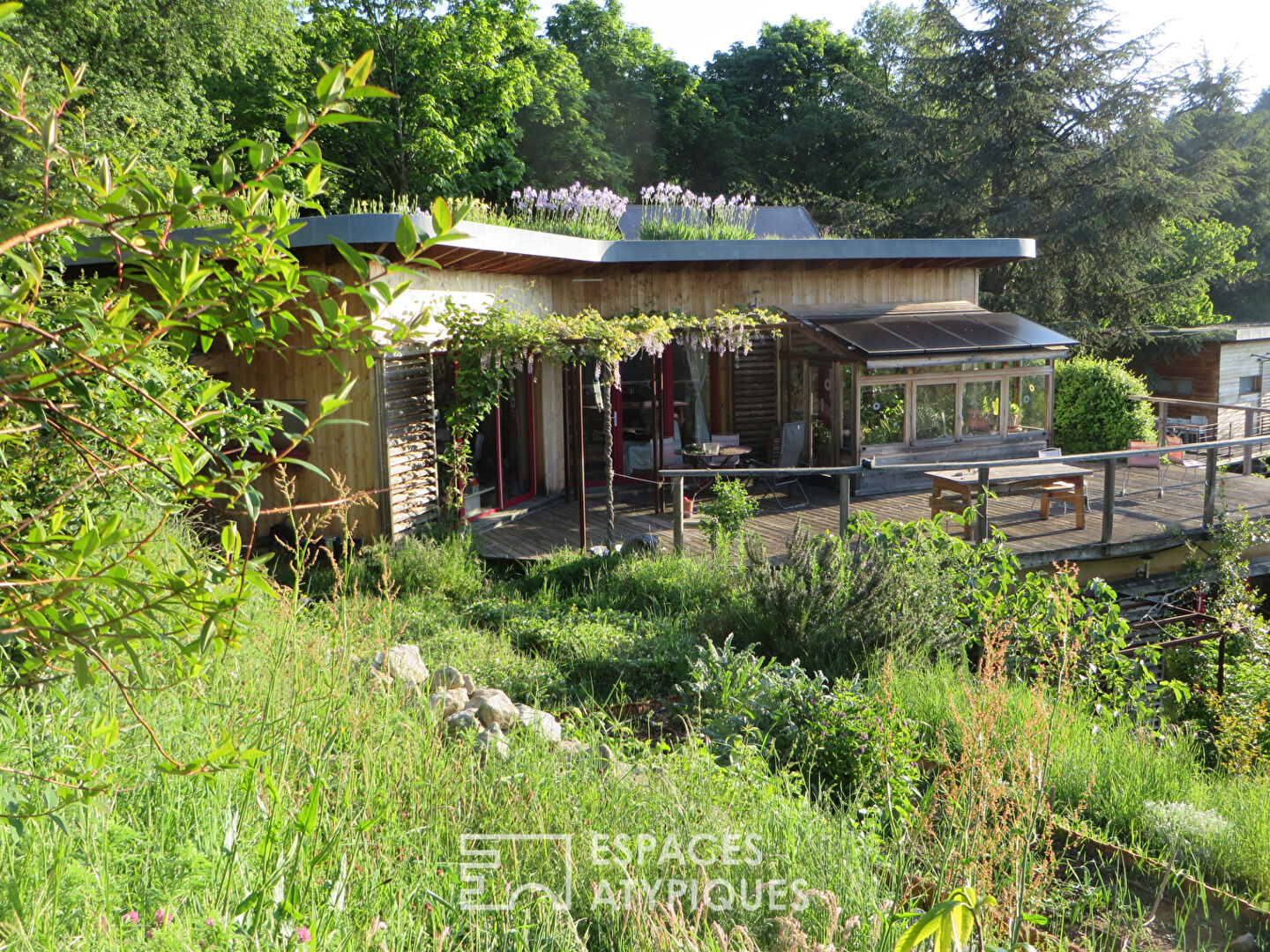 Maison bioclimatique avec toit végétalisé en Ardèche sauvage