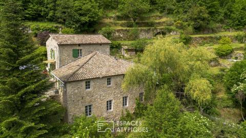 Charme et authenticité d’un ancien moulinage en pierre, avec gite, vue, ruisseau, source en Ardèche