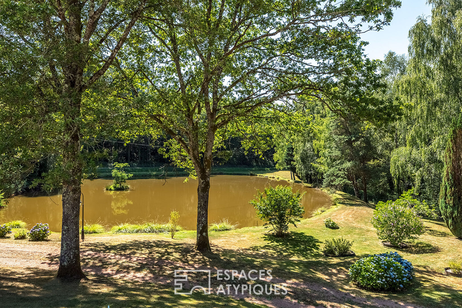 A single-story life, its swimming pool and its pond at the edge of the forest