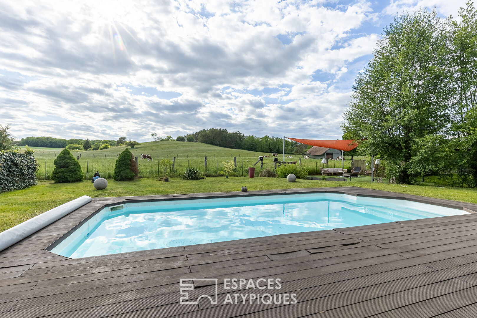 Harmonious architect house with swimming pool in a green setting