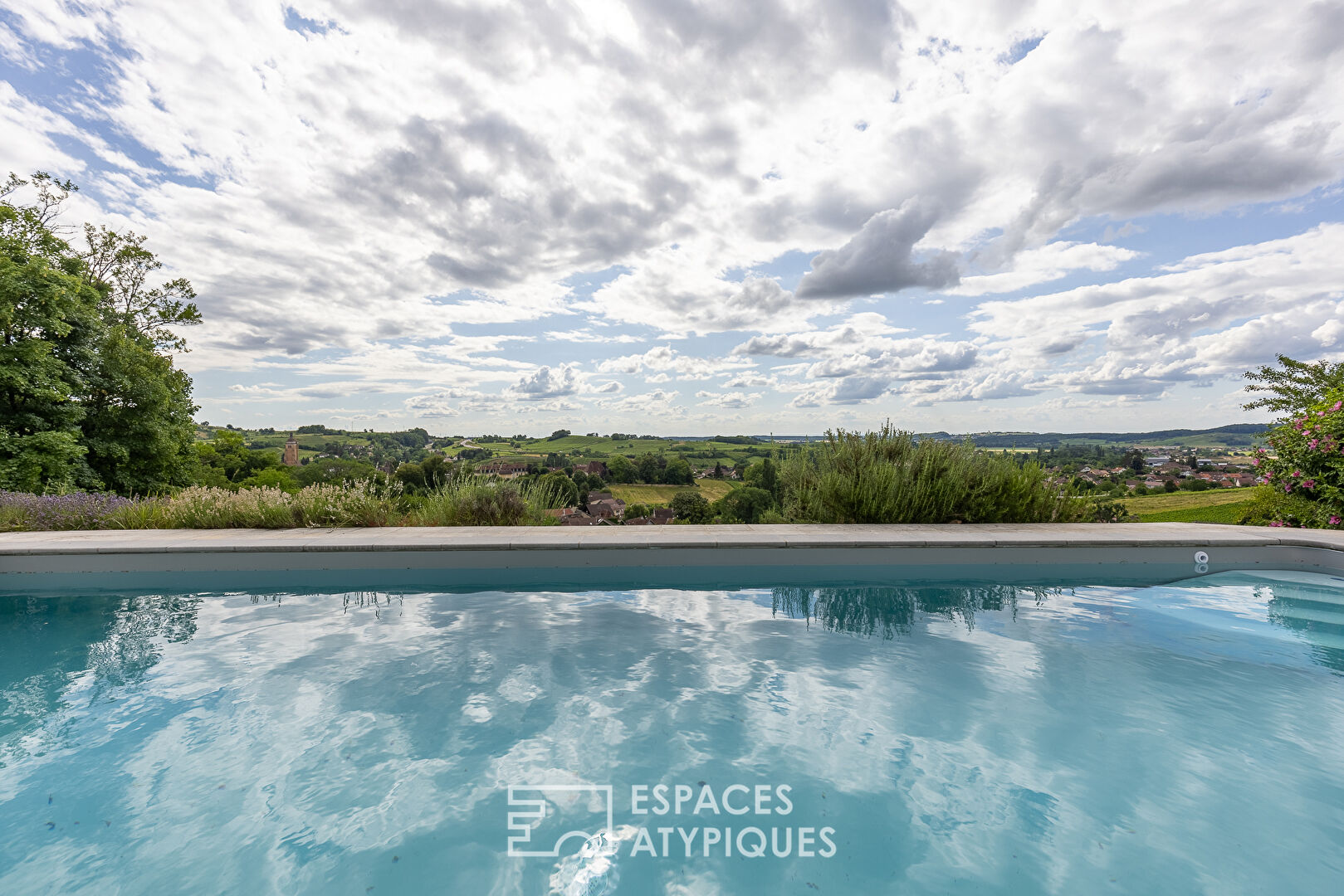 House with its swimming pool and its breathtaking view of the Arboisian vineyard