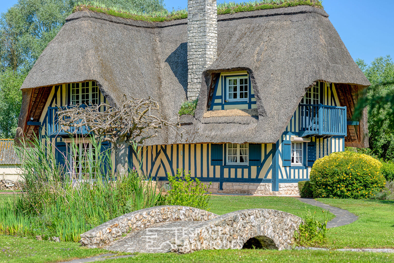 Noble thatched cottage and its park crossed by the Bec