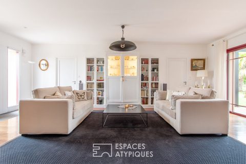 Single storey opening onto garden, terrace and indoor swimming pool