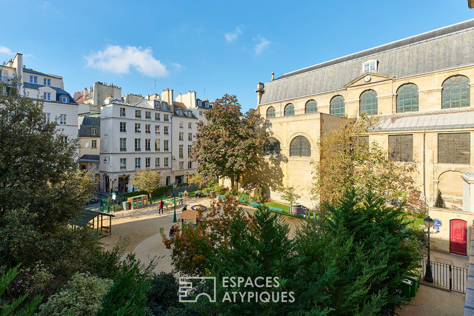 Appartement rénové et vue dégagée sur l&rsquo;église des Blancs Manteaux